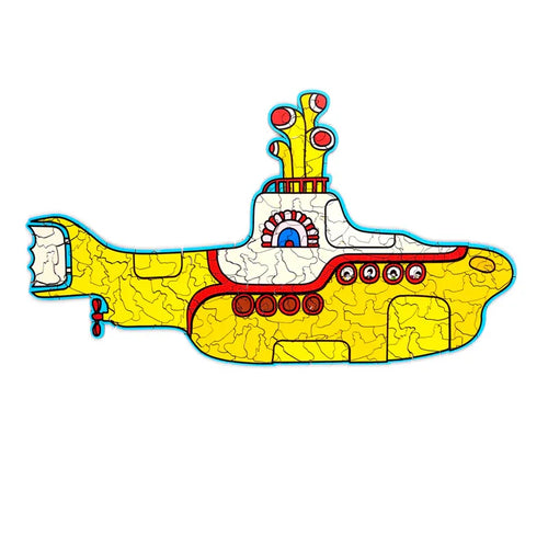 Side view of a 130-piece wooden jigsaw puzzle, shaped like the Yellow Submarine, featuring red and blue details, portholes, and periscopes.
