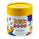 Front view of a cylindrical 130-piece wooden jigsaw puzzle tube, with colourful 'The Beatles Yellow Submarine' artwork and a yellow lid.