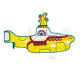 Front view of a fully assembled 130-piece wooden jigsaw puzzle depicting The Beatles' Yellow Submarine, featuring a yellow hull, red trim, and periscopes, on a white background.