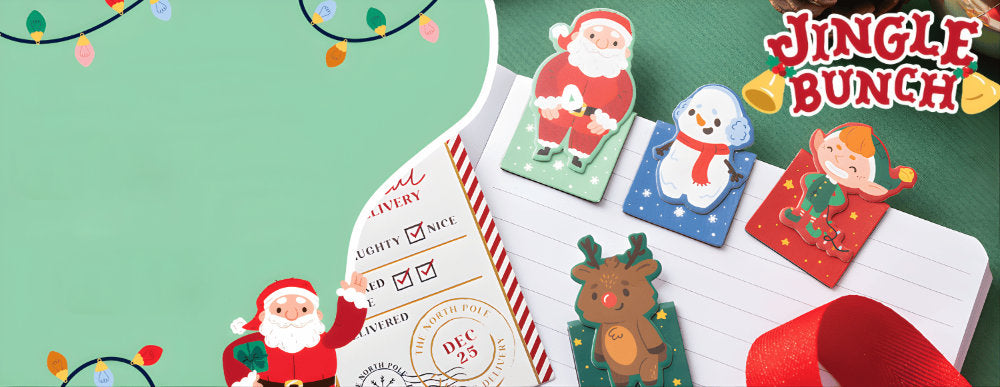 Christmas-themed stationery set with Santa Claus, snowman, and reindeer on a green background.