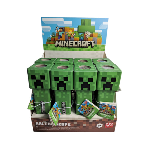 A retail display box filled with green Minecraft Creeper kaleidoscopes, each featuring the character's pixelated face, viewed from a slightly elevated angle.