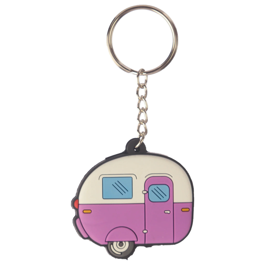 Front view of a purple and cream PVC caravan keyring with blue windows and a metal key ring.