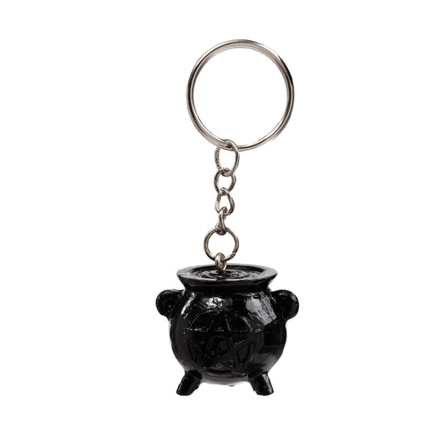 Front view of a novelty keyring featuring a glossy black cauldron charm with a raised pentagram design, attached to a silver-coloured chain and split ring.