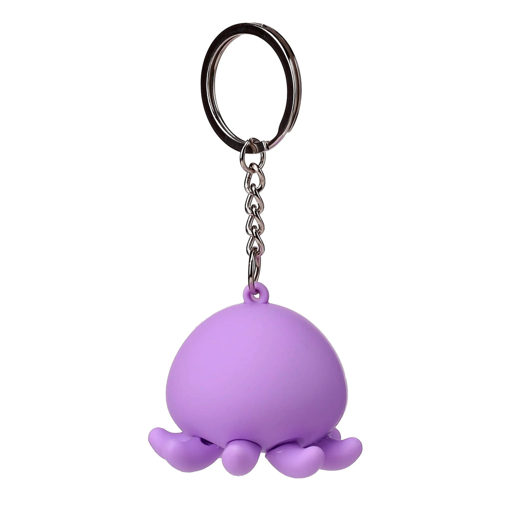 Purple 3D PVC octopus keyring with a rounded body and small tentacles, attached to a metallic chain and split ring.