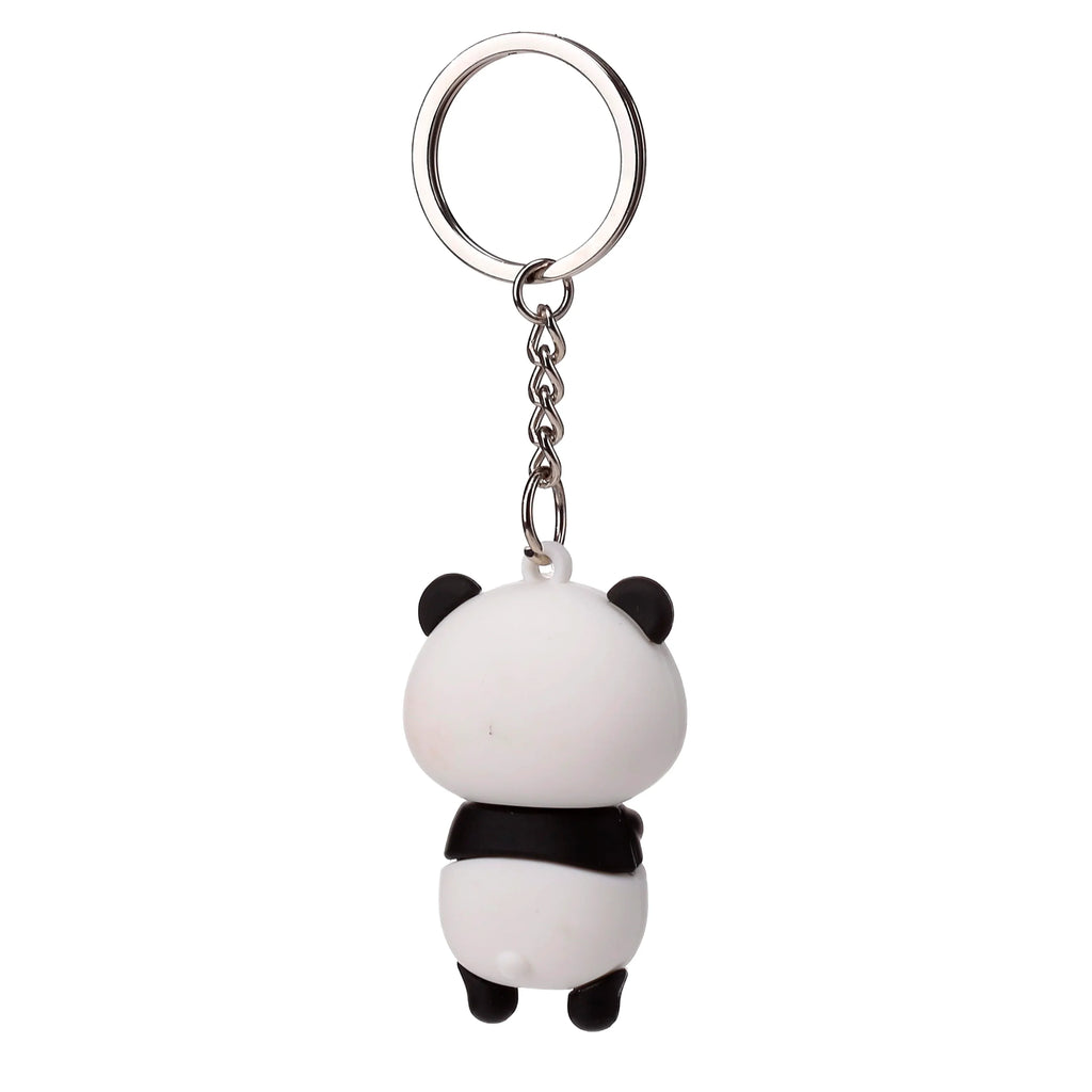 Back view of a black and white 3D PVC panda keyring, showing its small black ears, tiny white tail, and metallic ring with chain.