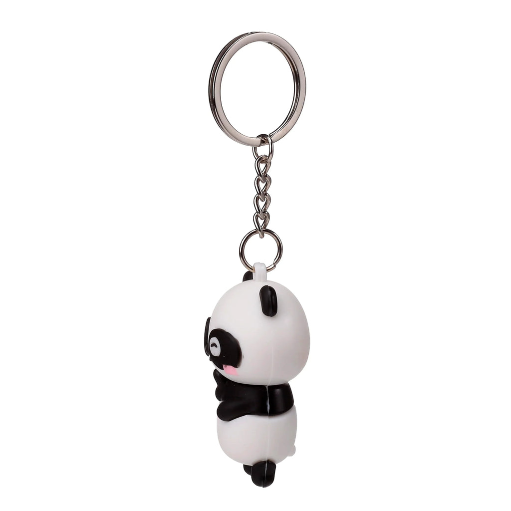 Angled side view of a 3D PVC panda keyring, featuring a white and black panda figure with black eye patches, ears, and a pink cheek blush, suspended from a silver-coloured metal chain and split ring.