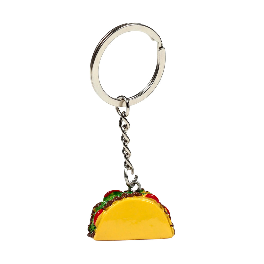 Novelty keyring with a silver-coloured metal ring and chain, showcasing a yellow taco charm detailed with green, brown, and red fillings.