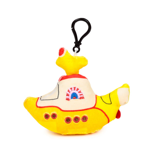 Side view of a yellow plush Yellow Submarine mini keyring, featuring red, white, and blue embroidered details and a black clip.