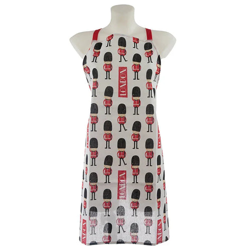Front view of a London Guardsman apron featuring a repeating pattern of red guardsmen figures and LONDON text on a light background, with red straps, displayed on a mannequin.