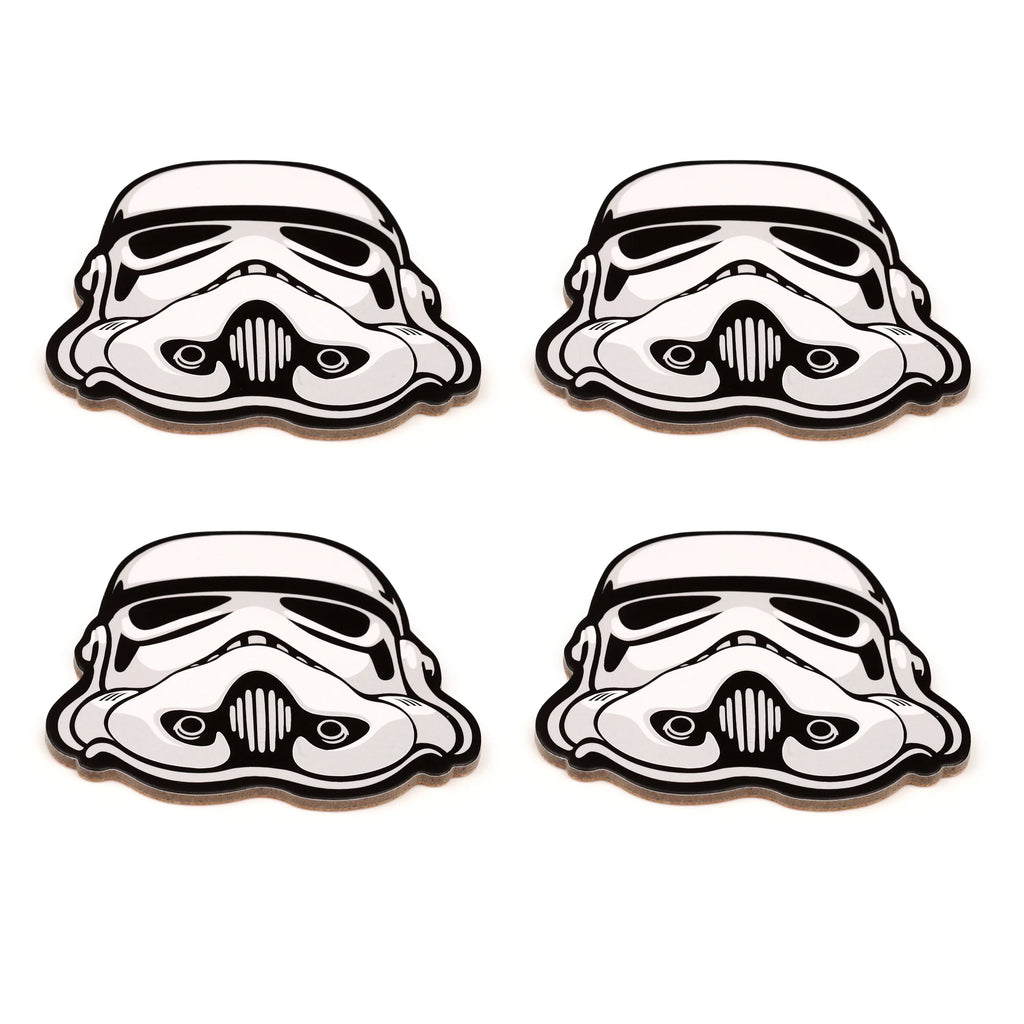 Top view of a set of four novelty cork coasters, each featuring a black and white design of a Stormtrooper helmet, displayed on a white background.