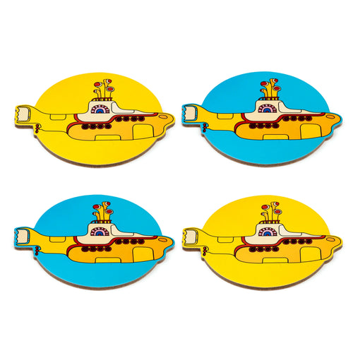 Overhead view of four novelty cork coasters, each featuring a colourful yellow submarine design; two coasters have a yellow background, and two have a blue background.