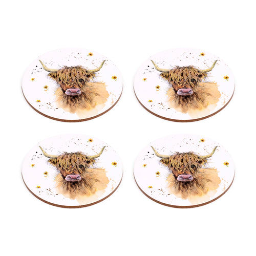 Angled top-down view of a set of four circular cork novelty coasters, each featuring a watercolour illustration of a shaggy brown Highland coo with horns and a pink nose, on a white background with small yellow flowers and dark speckles.