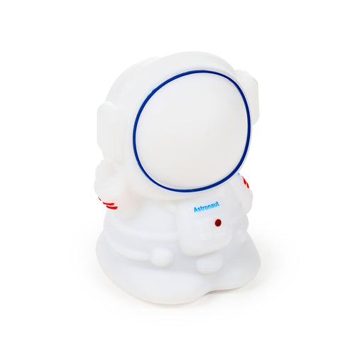 Front-angled view of a white translucent astronaut colour change night light, showing a blue visor outline and 'Astronaut' text on its chest.