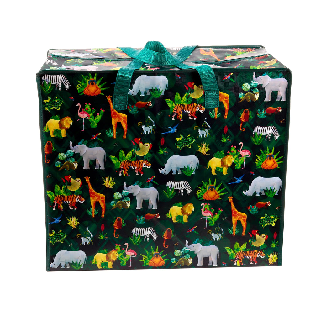 Angled view of a dark green laundry and storage bag, featuring a colourful jungle animal print with elephants, lions, tigers, and zebras, complete with green handles and a zip fastening.