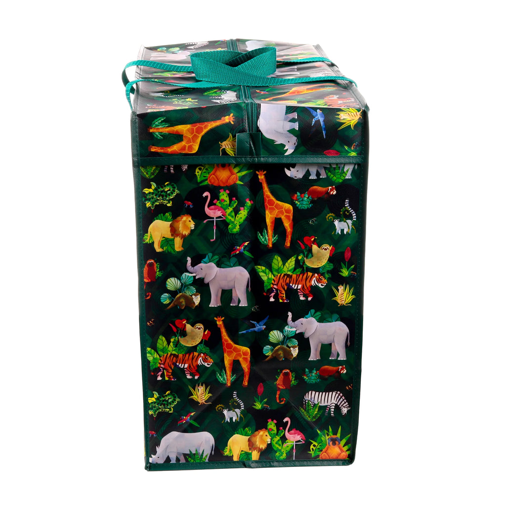 Angled view of a dark green laundry and storage bag, featuring a colourful animal kingdom pattern with giraffes, elephants, lions, and zebras, showing the top zipper and green handles.