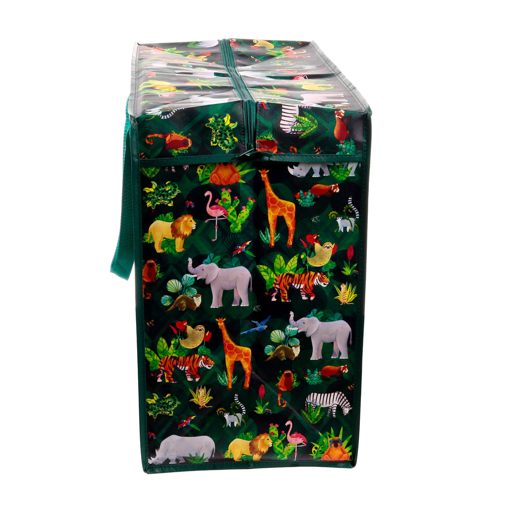 Angled view of a dark green laundry and storage bag with an 'Animal Kingdom' print, showcasing various colourful wild animals like elephants, giraffes, lions, and tigers, with a visible green zip closure and side handle.