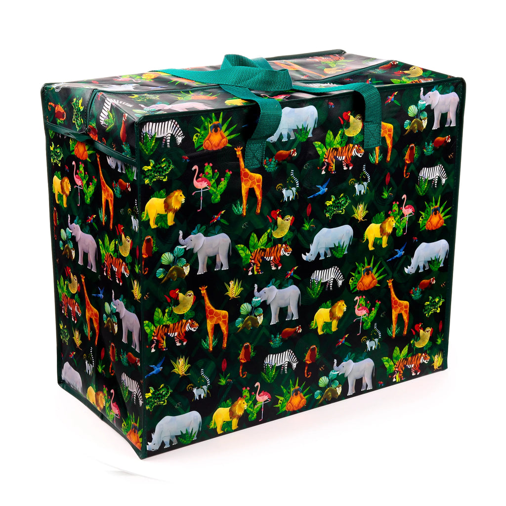 Angled view of a dark green laundry and storage bag, featuring a vibrant animal kingdom pattern with elephants, giraffes, lions, and tigers amidst jungle foliage. Green fabric handles are tied at the top.