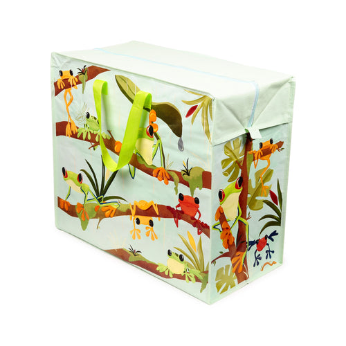 Angled view of a light green laundry and storage bag featuring a tropical frog design, with colourful frogs on branches and leaves, lime green handles, and a light blue zip.