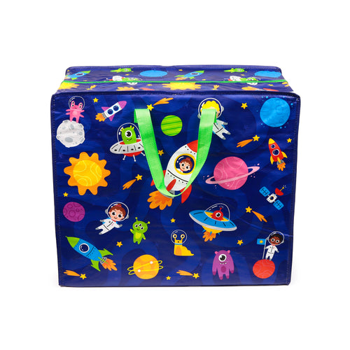 Front view of a blue laundry and storage bag, featuring a vibrant space cadet design with astronauts, aliens, rockets, and colourful planets, with bright green fabric handles.