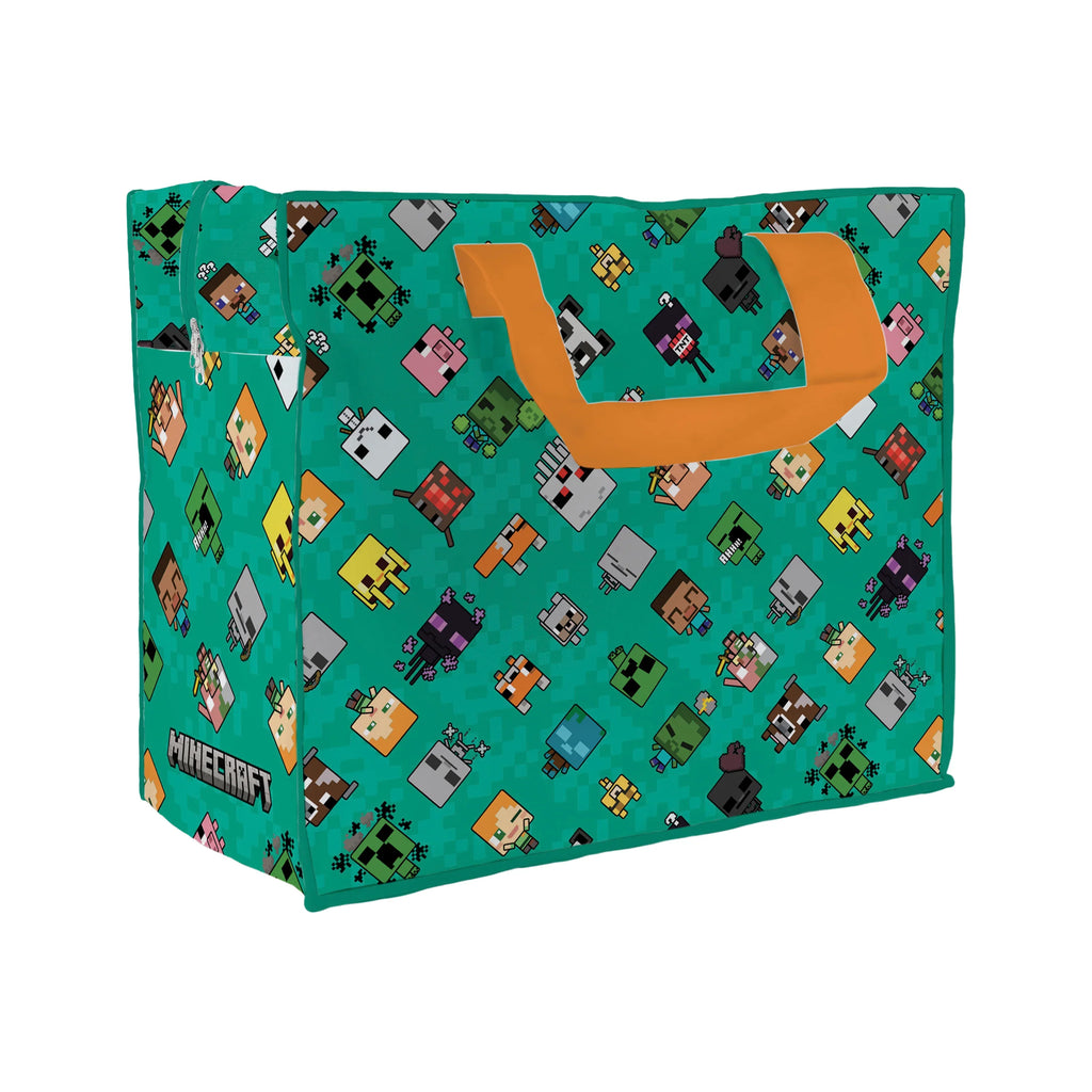 Angled view of a teal green laundry and storage bag, featuring a colourful repeating pattern of pixelated Minecraft Chibi characters. It has bright orange carry handles, and the word 'Minecraft' is visible on the lower left side.