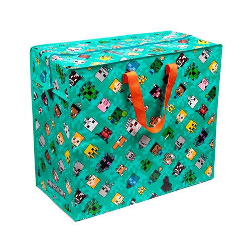 Angled view of a teal green laundry and storage bag, featuring an all-over pattern of colourful pixelated Minecraft Chibi characters and orange carry handles, with a blue zip closure visible on top.