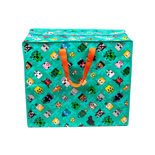 Front view of a square Minecraft Chibi laundry and storage bag, featuring a teal background with a repeating pattern of pixelated Minecraft characters and creatures. It has two bright orange fabric handles on the front and a visible black zippered top closure.