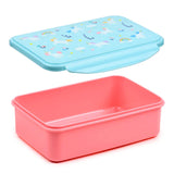 Angled view of a two-piece clip lock lunch box, showing its pink base and a light blue lid with a unicorn, rainbow, and cloud pattern.