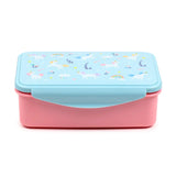 Front view of a pink and light blue clip lock lunch box, featuring a unicorn, rainbow, and cloud pattern on its lid.