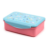Angled view of a pink and light blue clip lock lunch box, featuring a lid with unicorn, rainbow, and cloud patterns.
