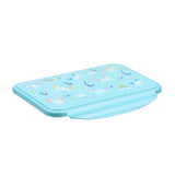 Angled view of a light blue clip lock lunch box featuring a colourful unicorn, rainbow, and cloud pattern on its lid.