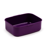 Angled view of an open, empty, oblong deep purple plastic lunch box.
