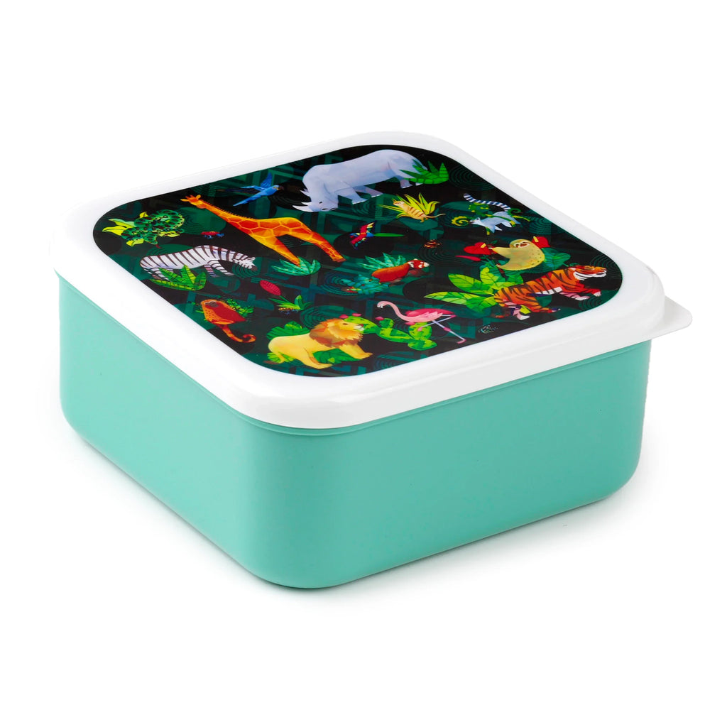 Angled view of a teal lunch box with a white lid featuring a vibrant 'Animal Kingdom' pattern of jungle animals and green foliage.