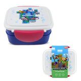 Two views of a Minecraft Axolotl bento clip lock lunch box. The main angled view shows a blue base, white lid with colourful pixelated Axolotls, and a pink clasp. A smaller top-down view shows the lunch box with a retail tag.