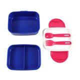 Overhead view of a disassembled blue and white bento clip lock lunch box showing its deep blue base, a divided blue tray, a white lid with hot pink clip locks, and a pink plastic spoon and fork.