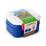 Angled view of a royal blue and white clip lock bento box with pink clip locks. The packaging sleeve features pixelated Minecraft characters, an Axolotl graphic, and text indicating dual compartments, fork, and spoon.