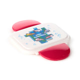 White bento clip lock lunch box with fuchsia pink side clips. The lid features a colourful Minecraft design with various pixelated axolotls in a blue water scene and 'DOING SWIMMINGLY' text, shown from an elevated angled view.