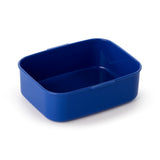 Angled view of a dark blue rectangular plastic bento lunch box base, showing its empty interior and clip lock rim details.