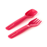 Angled view of a bright pink plastic spoon and fork with cutout handles.