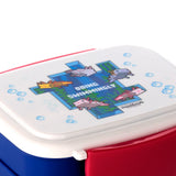 Angled close-up of a white Bento Clip Lock Lunch Box lid with a pixelated Minecraft Axolotl design, showing multiple colourful axolotls, water bubbles, and the text 'DOING SWIMMINGLY'. A blue base and red clip are visible.