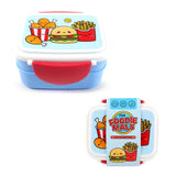 Two views of a light blue and white bento clip lock lunch box with a red clip. The lid features a Foodiemals cartoon design of a smiling burger, fried chicken, and chips characters. One box is shown from an angled front view; the second box is shown from an overhead view, wrapped in a blue retail sleeve.