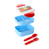 Angled view of a blue and white bento clip lock lunch box, shown disassembled. The stackable components include a lid with a colourful cartoon design of fried chicken, a hamburger, and chips, two blue compartments (one divided), and a red spoon and fork.