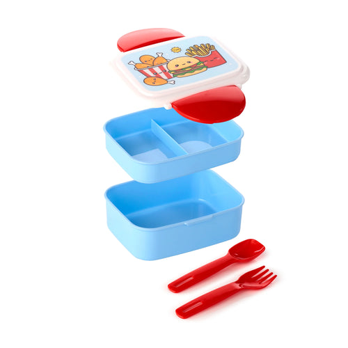 Angled view of a blue and white bento clip lock lunch box, shown disassembled. The stackable components include a lid with a colourful cartoon design of fried chicken, a hamburger, and chips, two blue compartments (one divided), and a red spoon and fork.