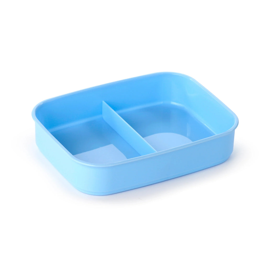 Overhead angled view of a light blue plastic bento lunch box base with two internal compartments.