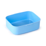Angled view of a light blue rectangular bento lunch box base, showing its open interior.
