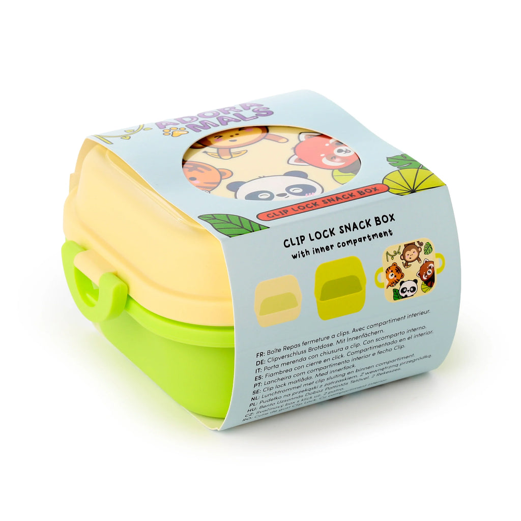 Angled view of a lime green and pale yellow bento clip lock snack box. It is encased in a light blue paper sleeve, which displays cartoon wild animal illustrations, including a panda and a tiger, through a clear window, and mentions an inner compartment.