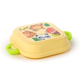 Angled view of a pale yellow bento clip lock snack lunch box with bright green clips, featuring a cartoon jungle animal design on its lid, depicting a monkey, tiger, panda, and red panda.