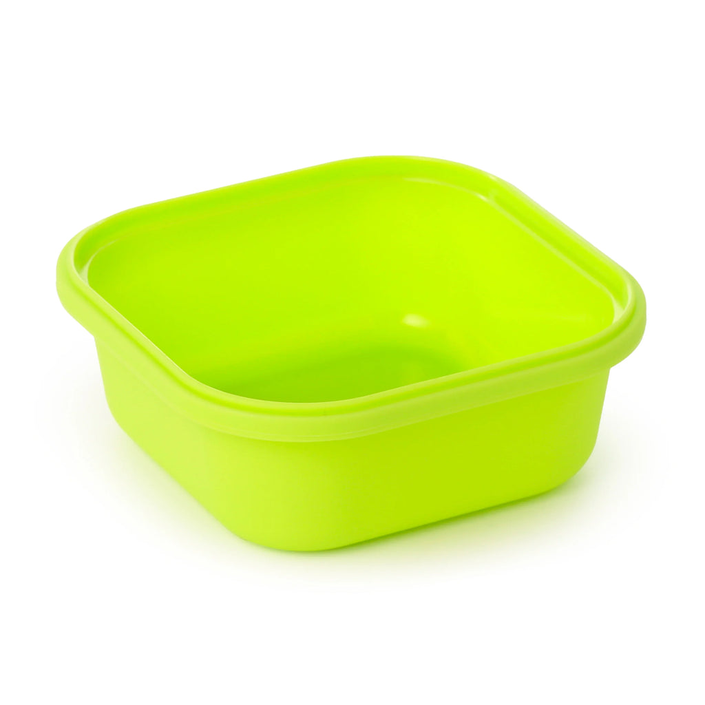 Angled view of an empty, lime green square plastic lunch box container with rounded corners, presented on a white background.