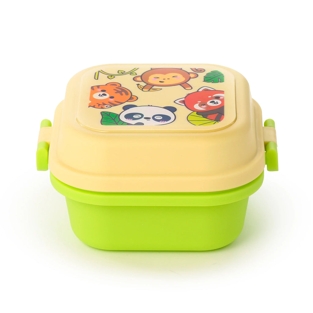 Angled view of a pale yellow and lime green bento clip lock lunch box for snacks, featuring a colourful Adoramals Wild animal design on the lid with a tiger, monkey, panda, and red panda.