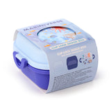 Angled view of a light blue and purple 'Mariniverse' bento clip lock snack lunch box, presented in its light blue cardboard packaging with an underwater sea creature design visible through a cutout.
