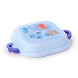 Elevated view of a light blue bento clip lock lunch box, featuring an illustration of an orange octopus, blue jellyfish, and assorted fish on its lid, with purple side clips.